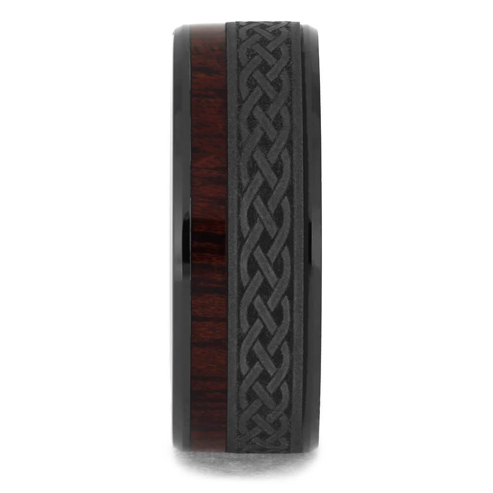 Black Ceramic Wedding Band with Celtic Pattern and Bloodwood-4654 - Jewelry by Johan