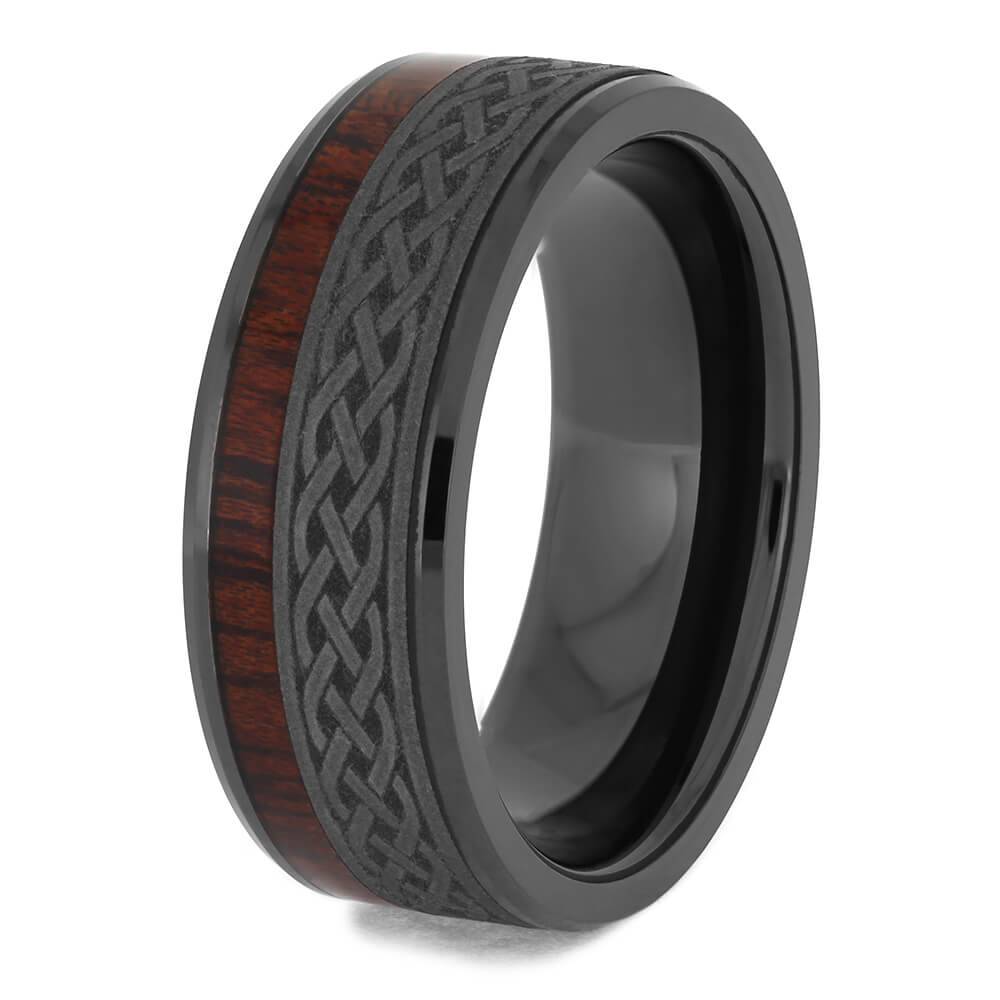 Black Ceramic Wedding Band with Celtic Pattern and Bloodwood-4654 - Jewelry by Johan