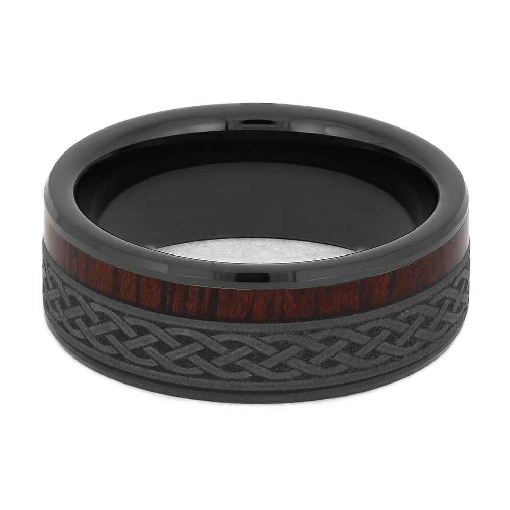 Black Ceramic Wedding Band with Celtic Pattern and Bloodwood-4654 - Jewelry by Johan