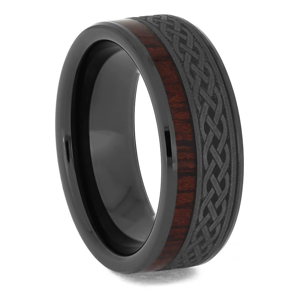 Black Ceramic Wedding Band with Celtic Pattern and Bloodwood-4654 - Jewelry by Johan