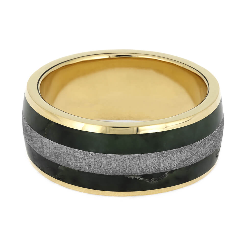 Yellow Gold Wedding Band with Meteorite and Jade-4655 - Jewelry by Johan