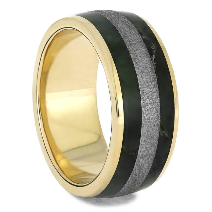 Yellow Gold Wedding Band with Meteorite and Jade-4655 - Jewelry by Johan