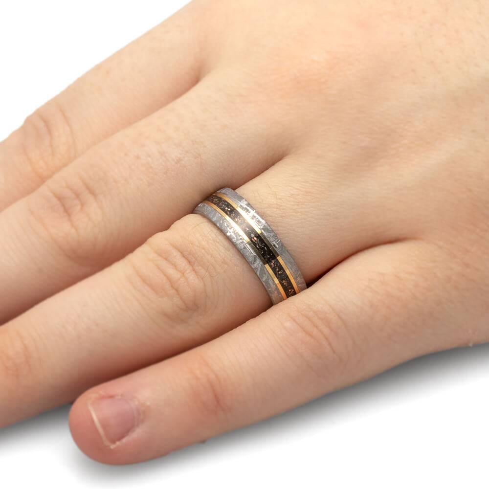 Black Stardust Ring With Gold Pinstripes and Meteorite Edges-4671 - Jewelry by Johan