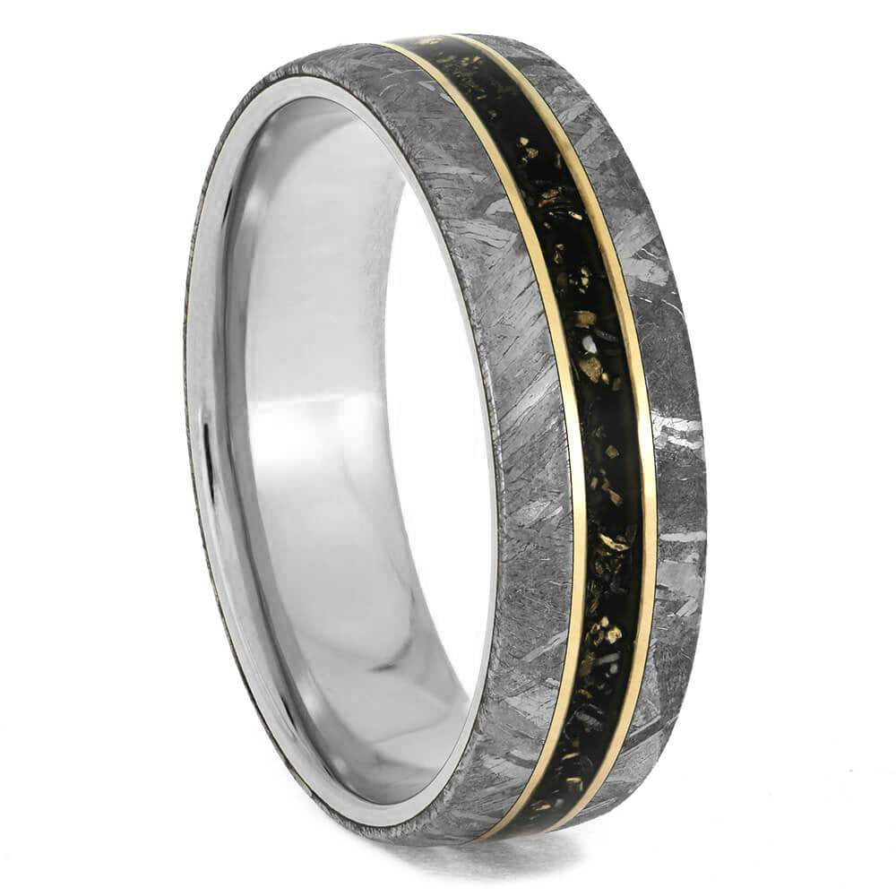 Titanium Ring With Meteorite, Black Stardust & Gold Pinstripes - Jewelry by Johan