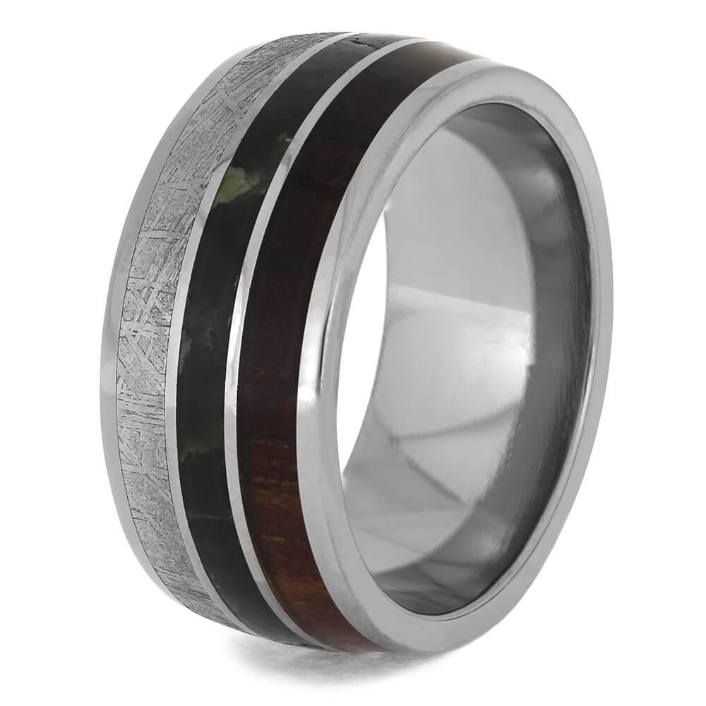 Men's Wide Meteorite Wedding Band with Jade and Koa Wood-4672 - Jewelry by Johan