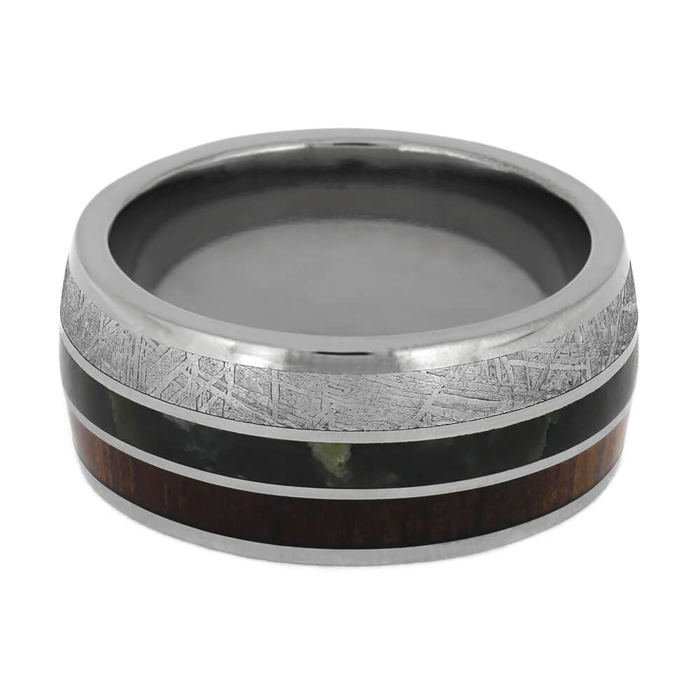 Men's Wide Meteorite Wedding Band with Jade and Koa Wood-4672 - Jewelry by Johan