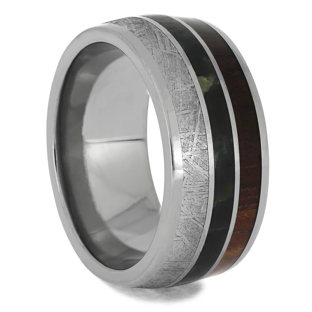Men's Wide Meteorite Wedding Band with Jade and Koa Wood-4672 - Jewelry by Johan
