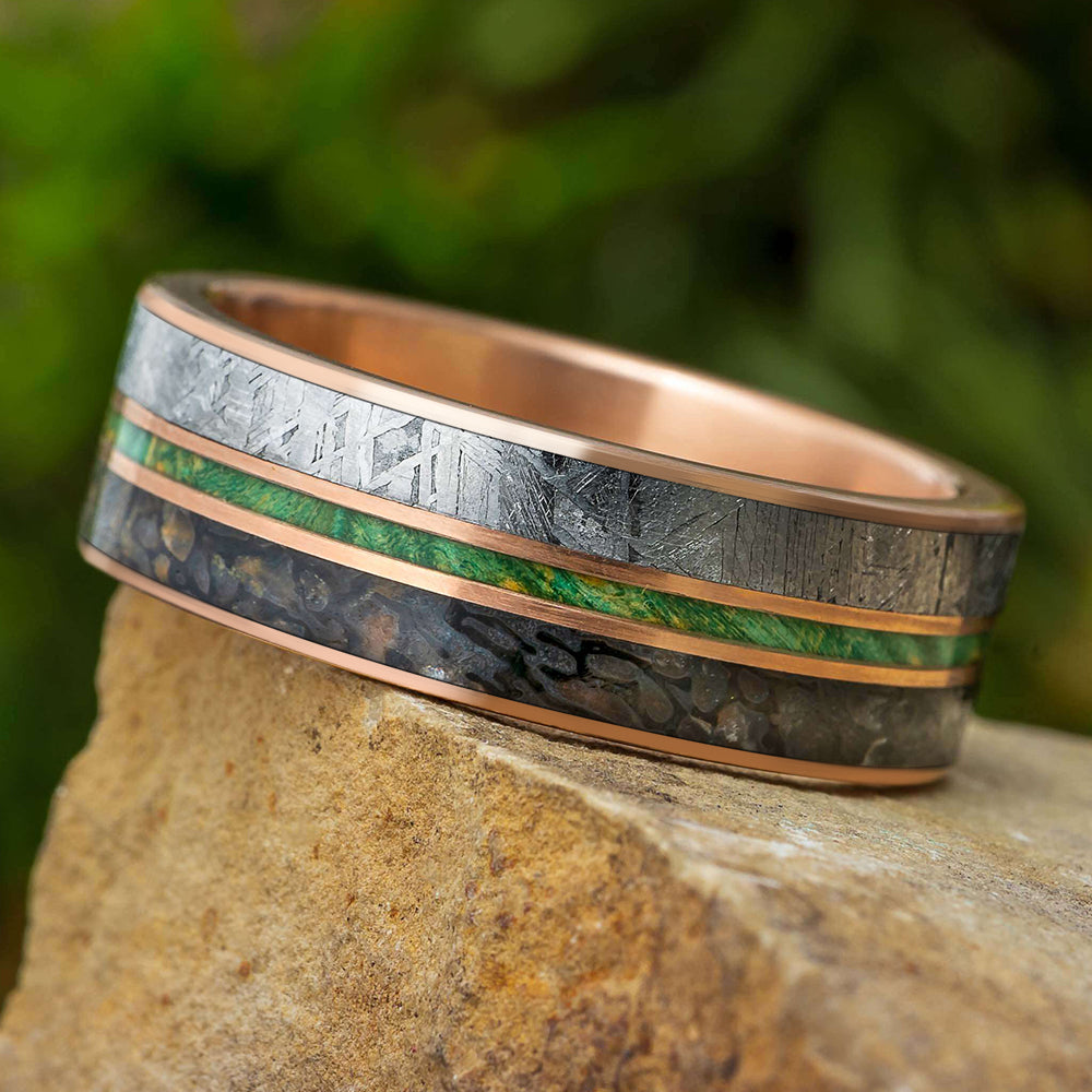 Meteorite and Green Wood Wedding Band for Men