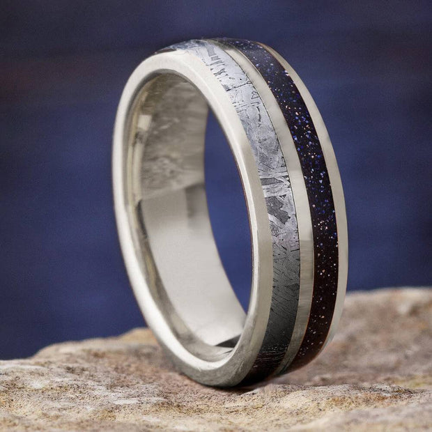 Meteorite & Blue Goldstone Wedding Band in Solid Gold