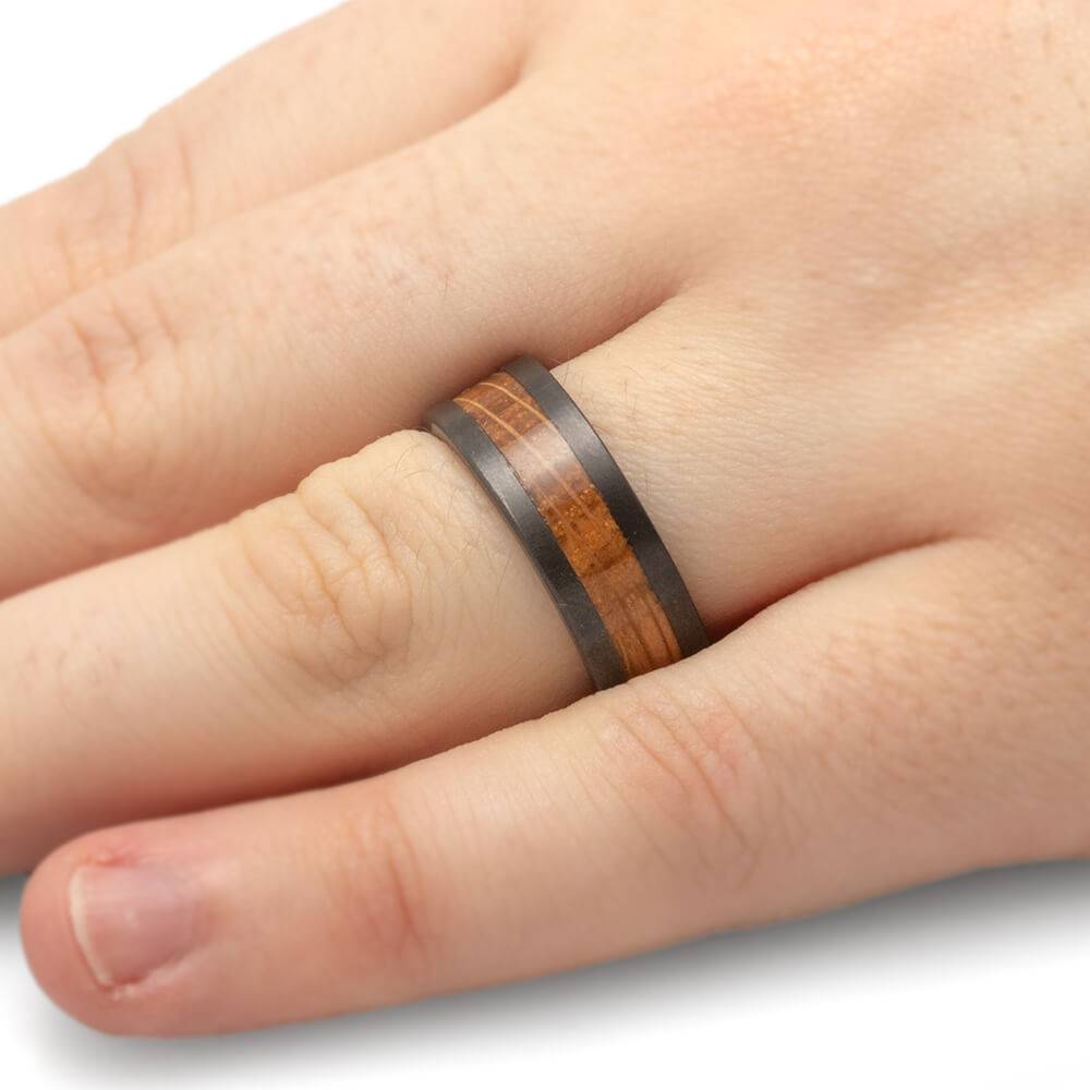 Black Zirconium Wedding Band with Whiskey Barrel Oak Wood-4684-WDP - Jewelry by Johan