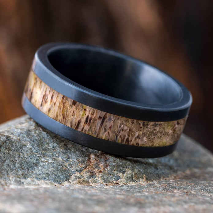 Flat Deer Antler Wedding Band with Black Zirconium Edges-4684-AN - Jewelry by Johan