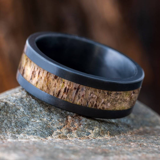 Flat Deer Antler Wedding Band with Black Zirconium Edges-4684-AN - Jewelry by Johan