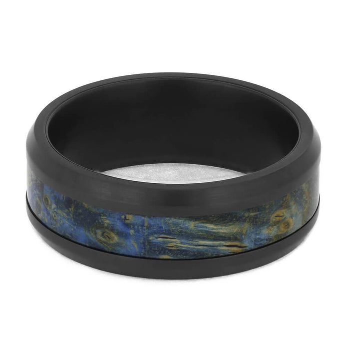 Beveled Black Zirconium Wedding Band with Blue Wood-4724-WD - Jewelry by Johan