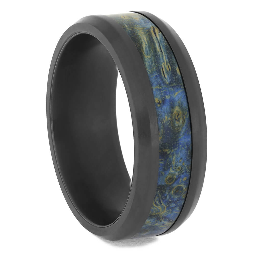Beveled Black Zirconium Ring with Blue Box Elder Wood