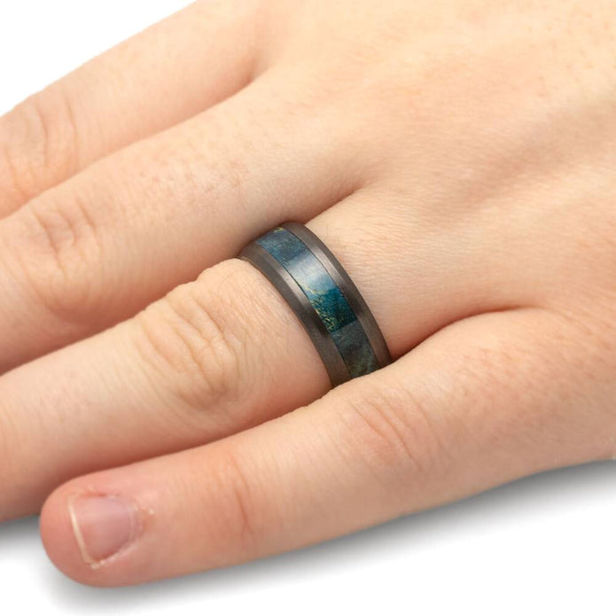 Beveled Black Zirconium Wedding Band with Blue Wood-4724-WD - Jewelry by Johan