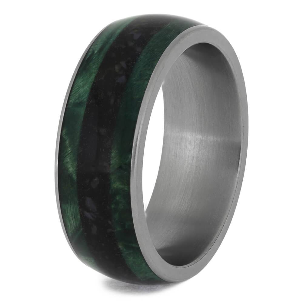 Titanium Wedding Band with Green Burl Wood