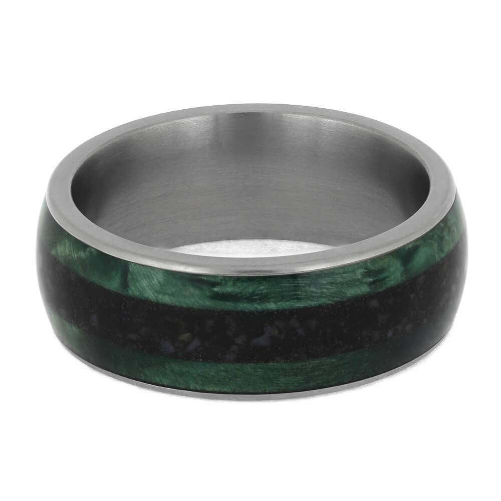 Green Wood Wedding Band with Dinosaur Bone
