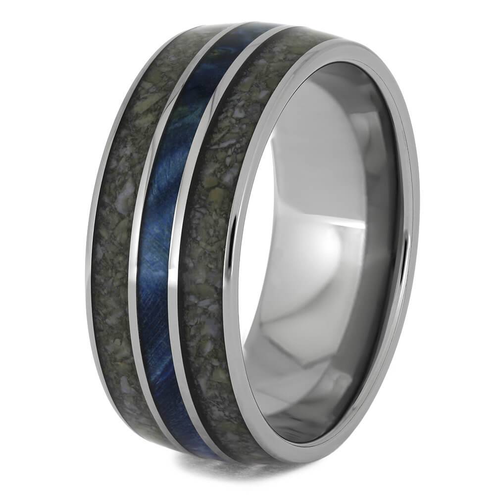 Titanium Wedding Band with Blue Wood and Dinosaur Bone