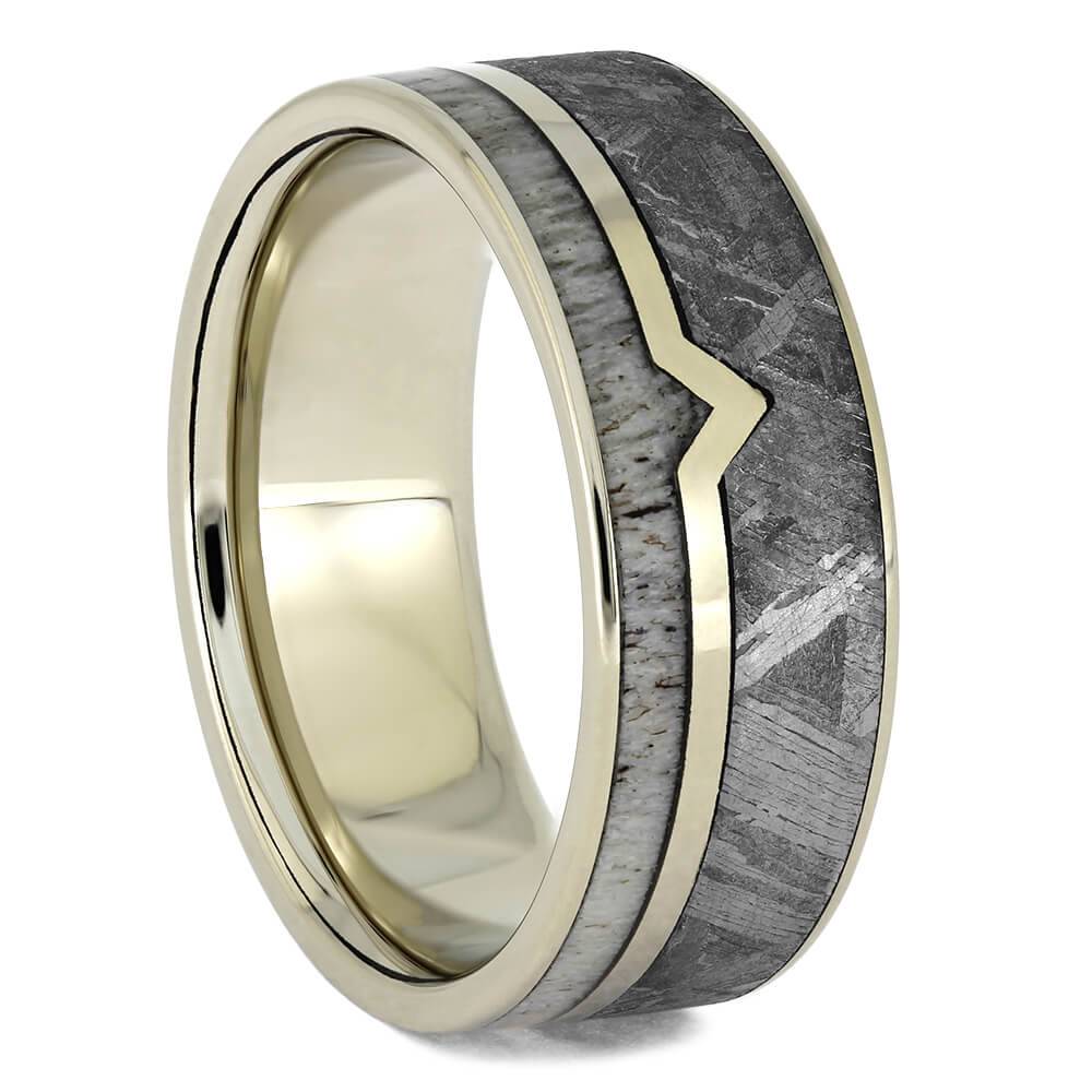 Meteorite and Antler Ring in White Gold