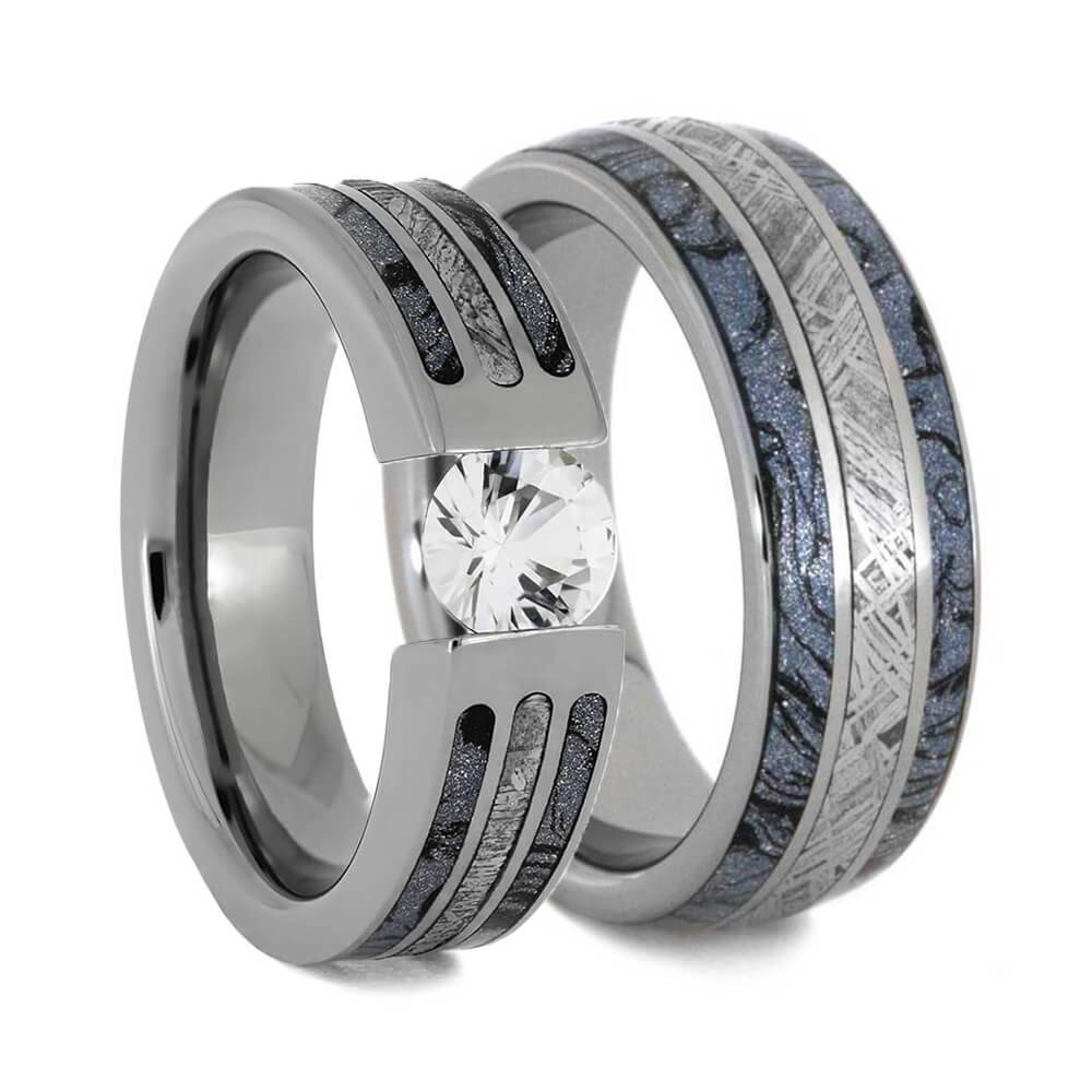Blue Ring Set with Meteorite and Mokume Gane