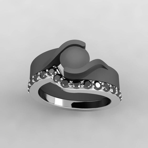 Custom Curved Platinum Wedding Band With Black Diamonds