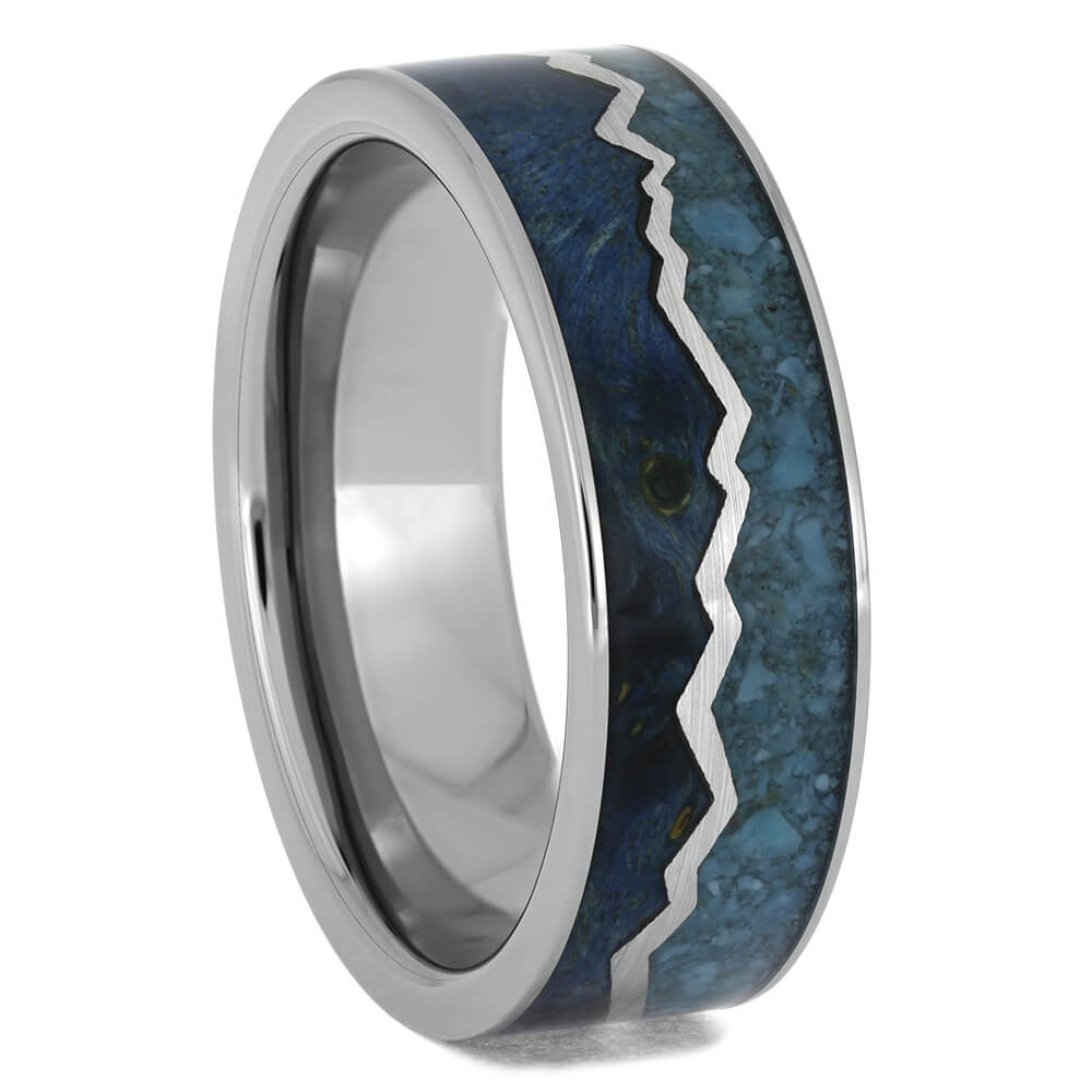 Blue Wedding Band with Turquoise and Wood with Zig Zag Pattern