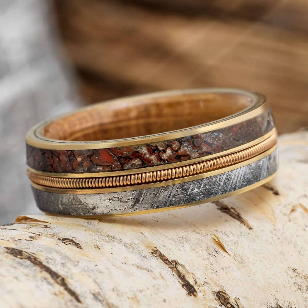 Guitar String Wedding Band with Meteorite and Dino Bone