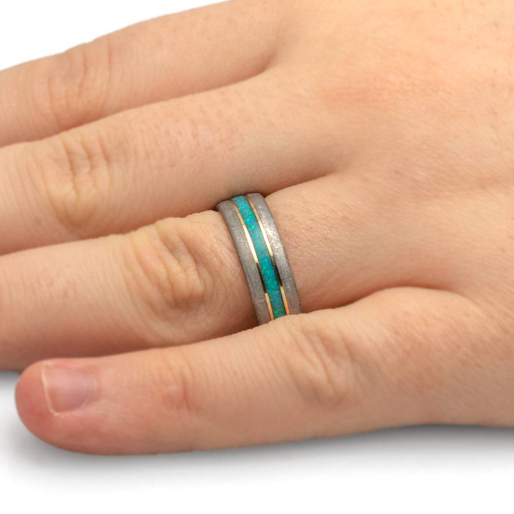 Meteorite and Opal Wedding Band