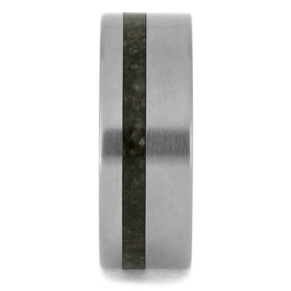 Side view of dinosaur bone wedding band with brushed titanium