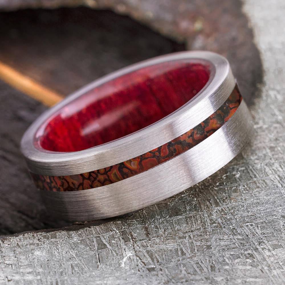 Dinosaur bone men's wedding band with wood interior and brushed finish