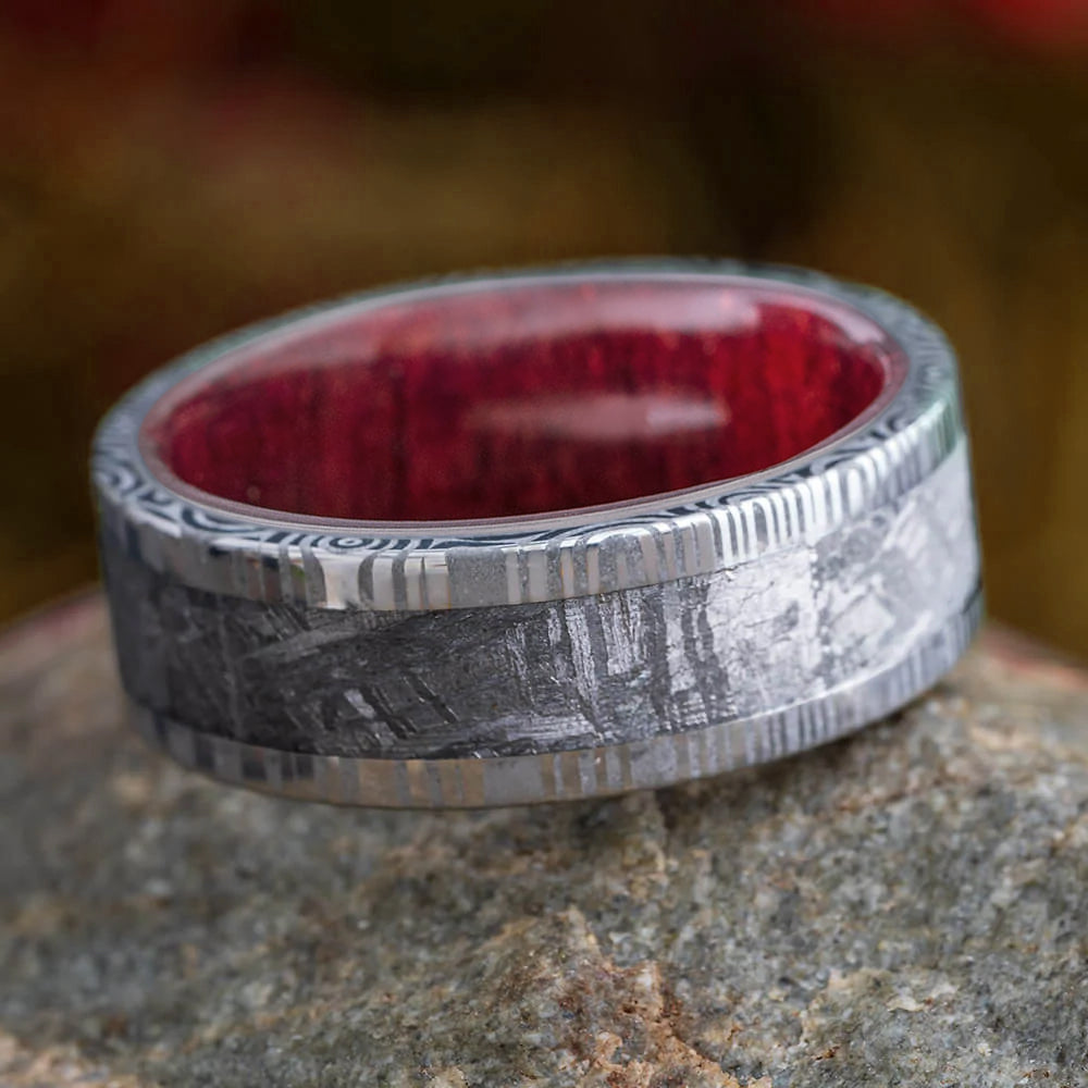 Damascus Steel & Meteorite Ring With Wood Inside