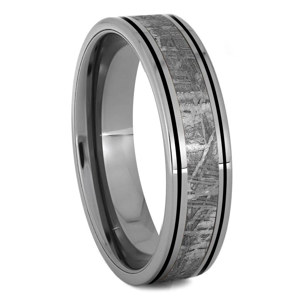 Meteorite Wedding Band With Black Enamel Pinstripes - Jewelry by Johan