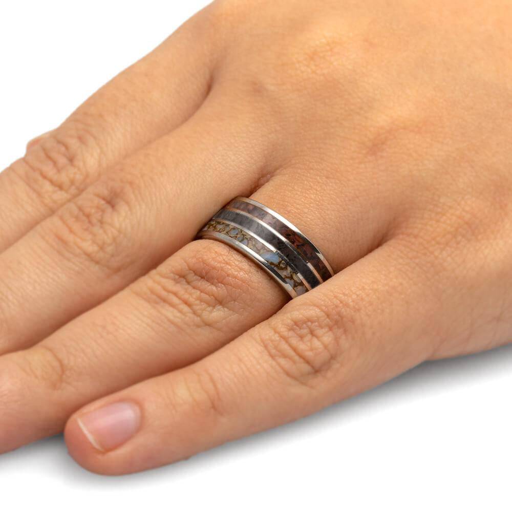 Three Inlay Men's Wedding Band With Dinosaur Bone - Jewelry by Johan