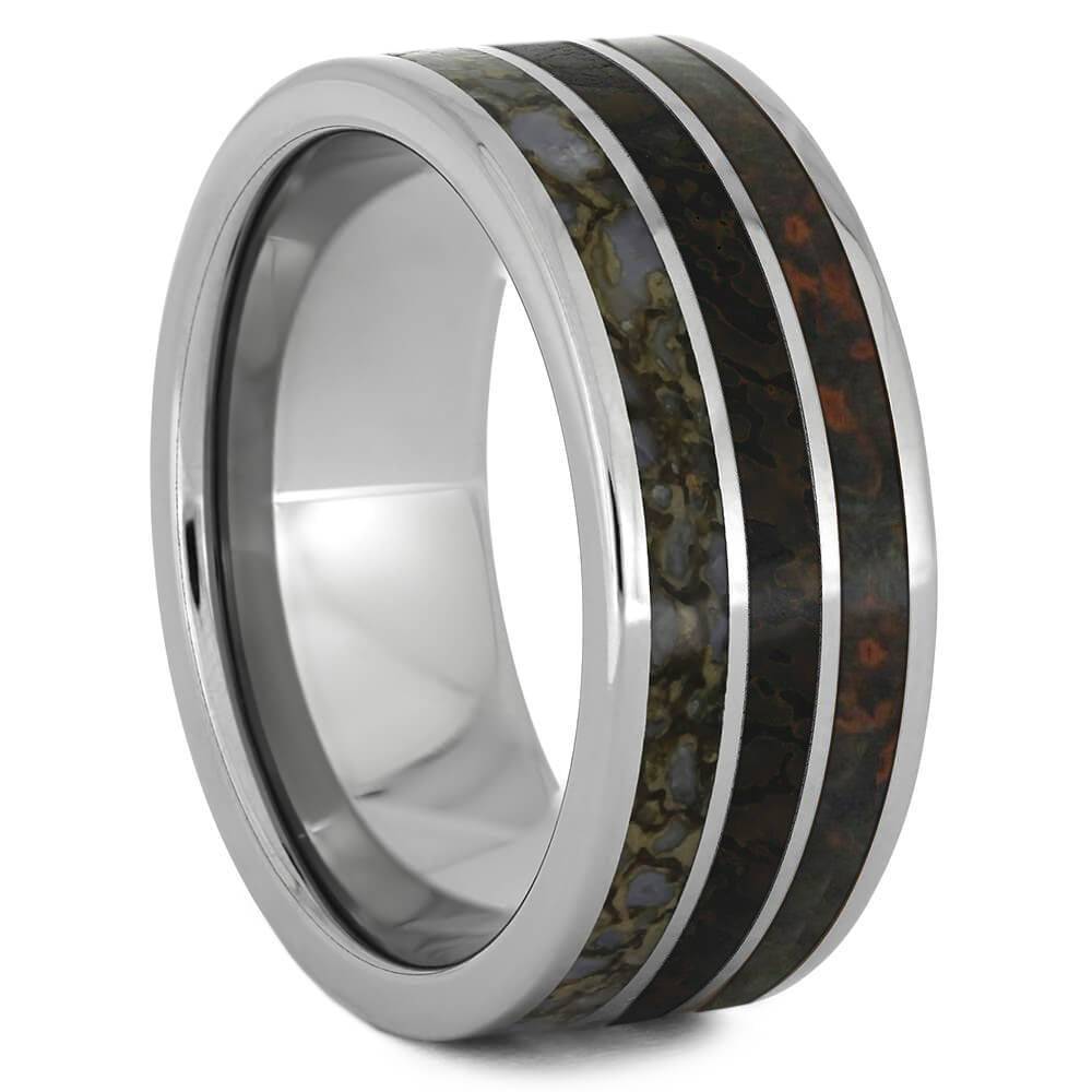 Three Inlay Men's Wedding Band With Dinosaur Bone - Jewelry by Johan