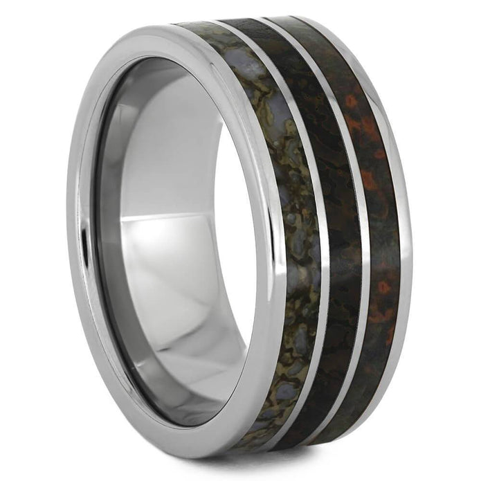 Three Inlay Men's Wedding Band With Dinosaur Bone - Jewelry by Johan