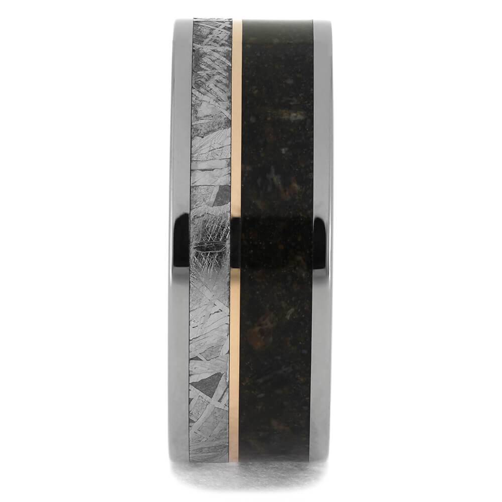 Close-up of meteorite and dino bone ring with offset pinstripe