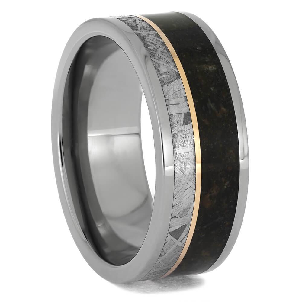 Side view of meteorite and dino bone ring with gold pinstripe