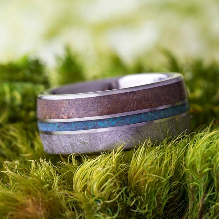 Opal Wedding Band, Meteorite And Dinosaur Bone Ring-3477 - Jewelry by Johan