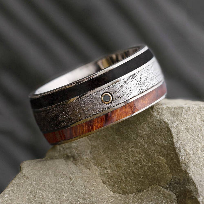 Black Diamond Men's Wedding Band With Meteorite & Obsidian - Jewelry by Johan