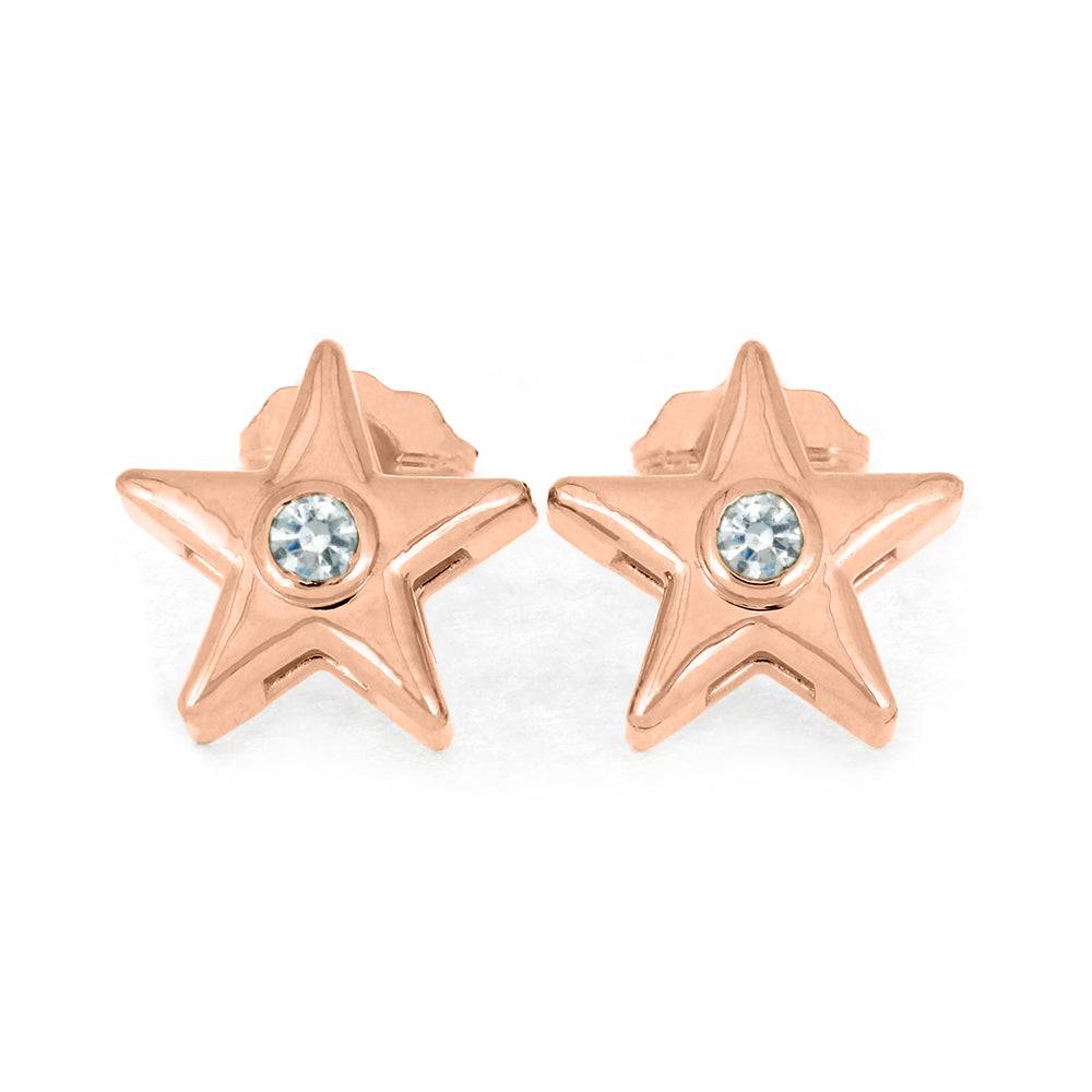 Rose gold star stud earrings with clear birthstone