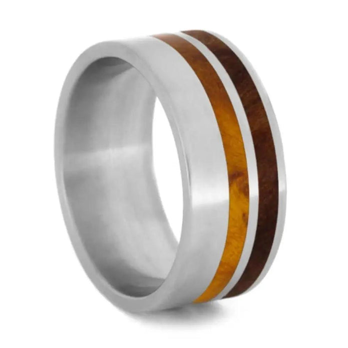 Wood Striped Ring with Redwood and Gold Box Elder Burl in Titanium-1143 - Jewelry by Johan