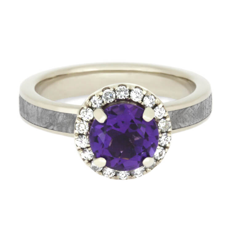 Amethyst Engagement Ring, White Gold Halo Ring With Meteorite-2590 - Jewelry by Johan
