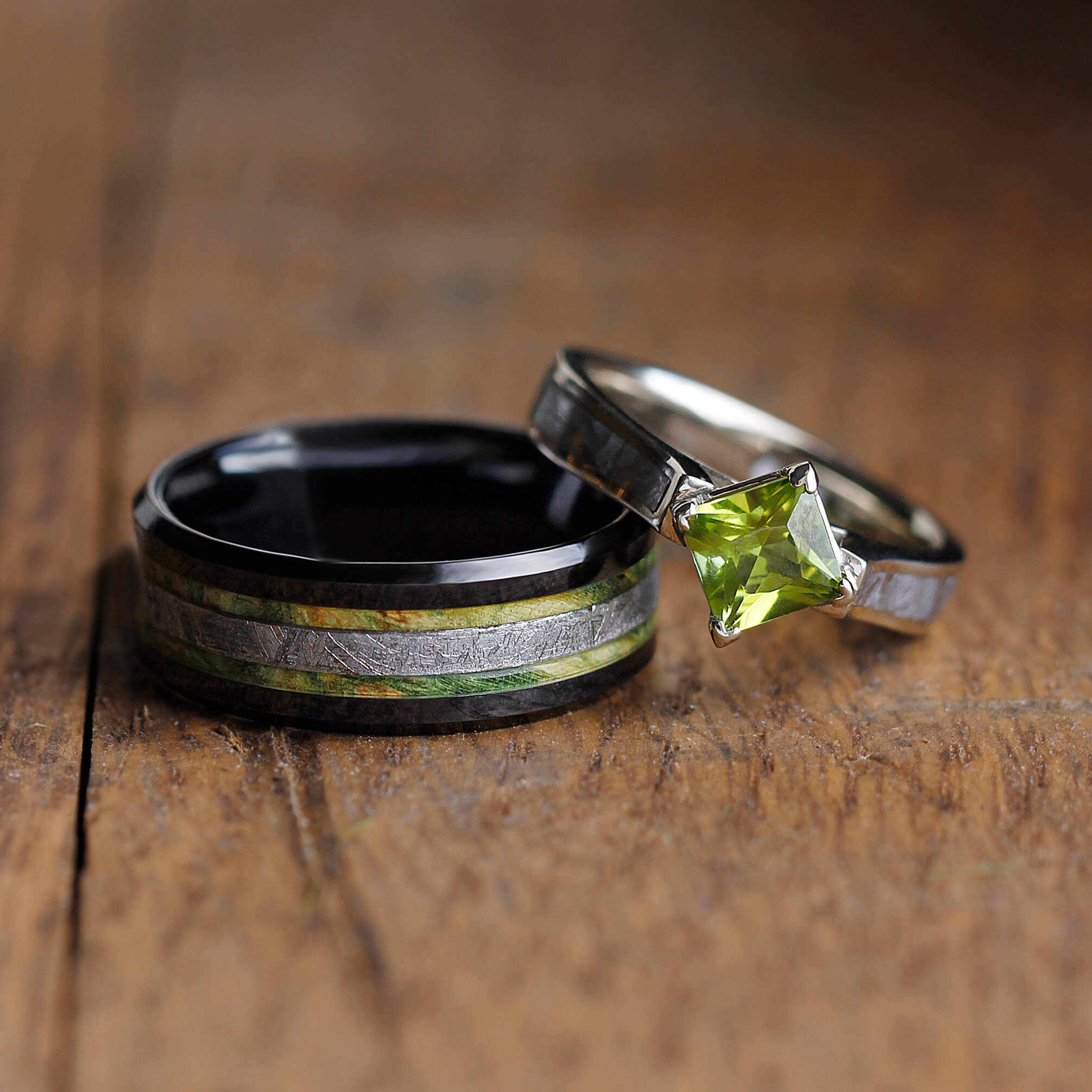 Green Wedding Ring Set With Peridot Engagement Ring And Meteorite