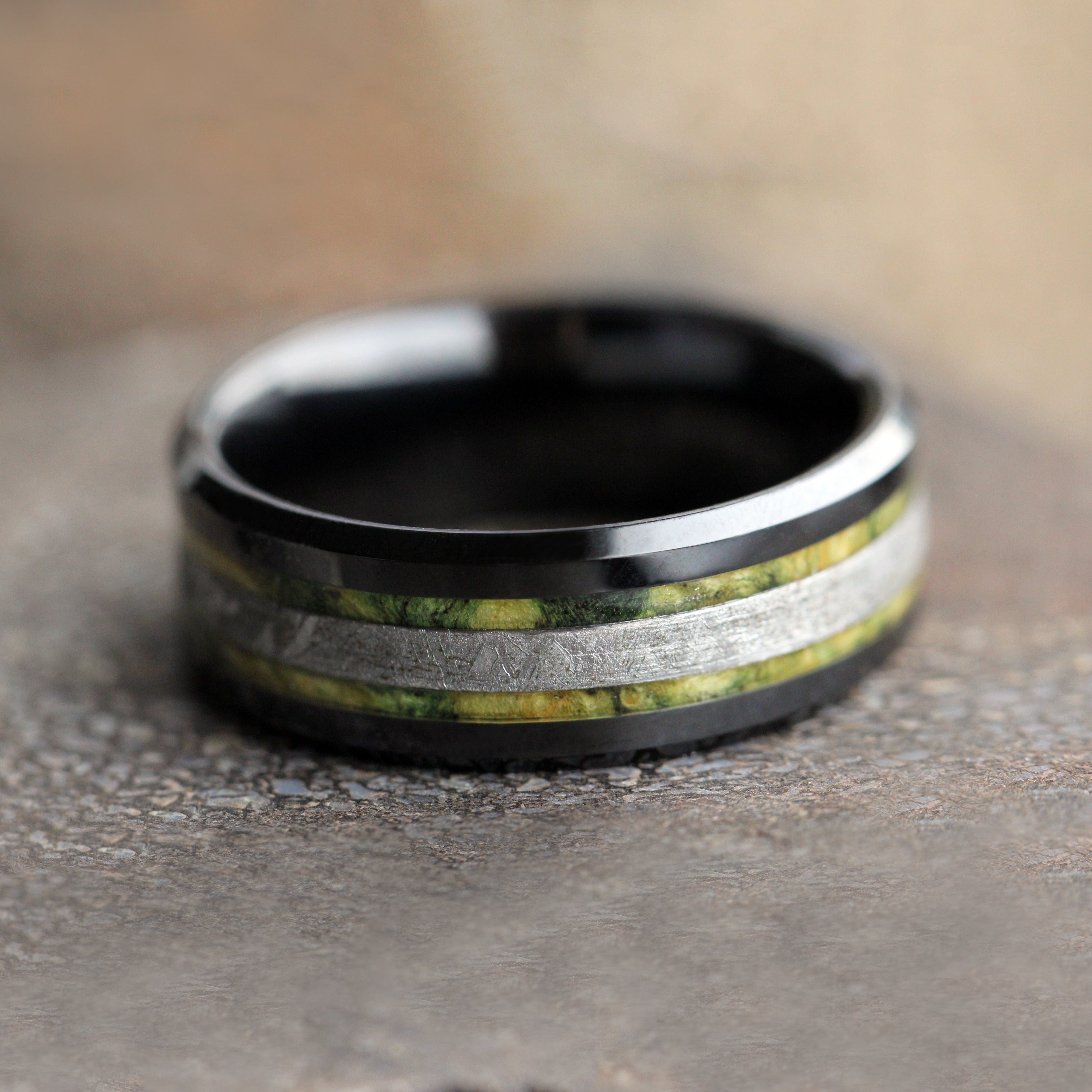 Black Ceramic Ring With Green Box Elder Burl And Meteorite-2150 - Jewelry by Johan