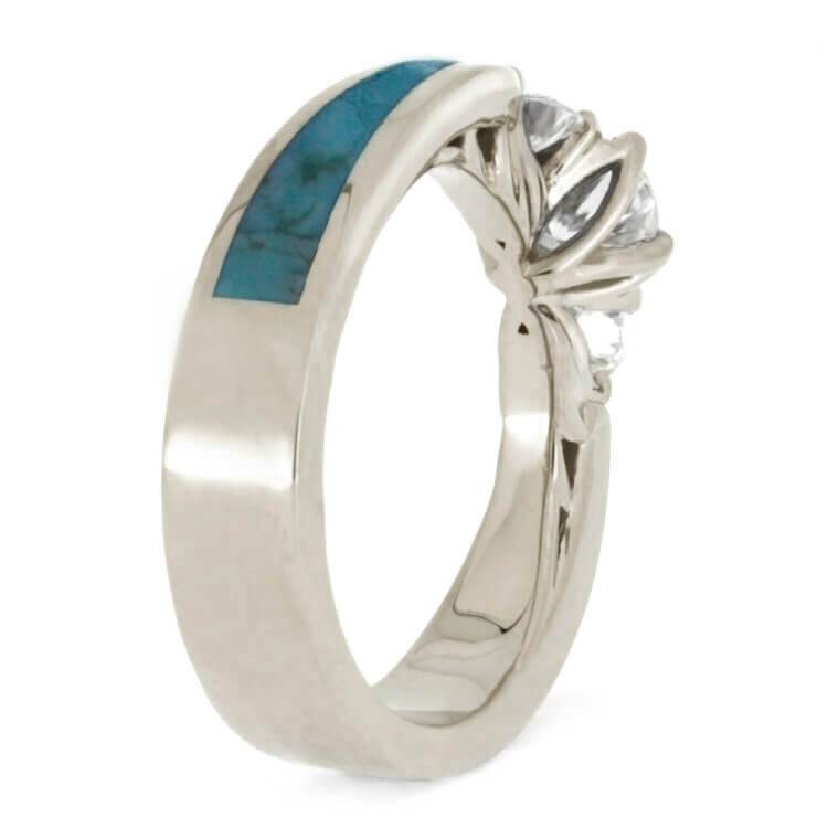 Turquoise Bridal Set, White Gold Engagement Ring With Diamond Shadow Band