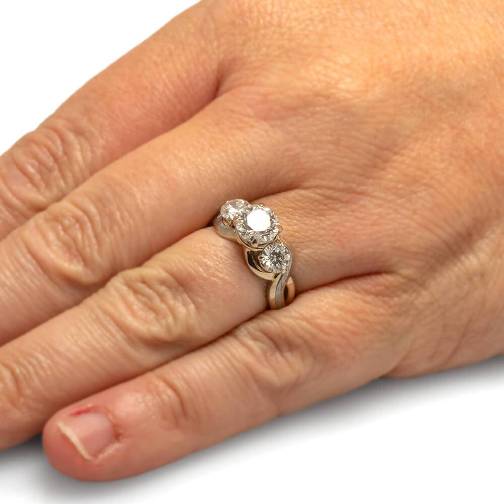 Three Stone Engagement Ring with Meteorite Inlays, On Hand