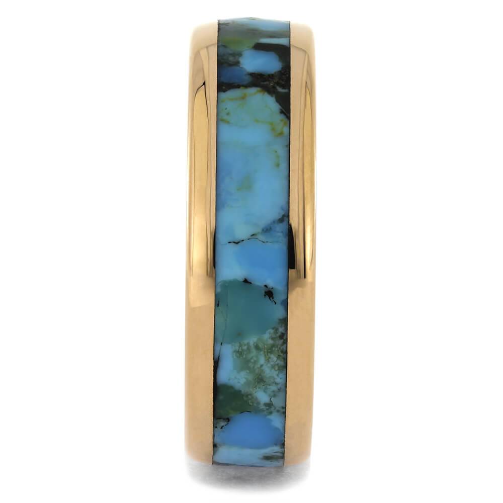 Front view of Kingman turquoise inlay ring, rose gold band
