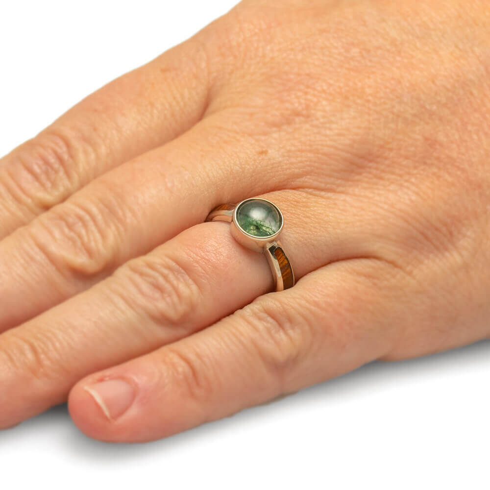 Moss Agate Engagement Ring with Wooden Inlay