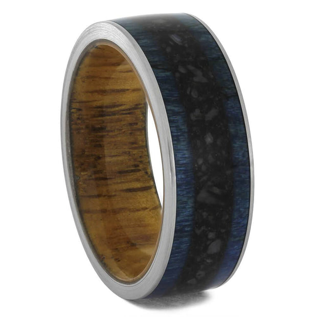 Blue Wood Wedding Band with Dinosaur Bone