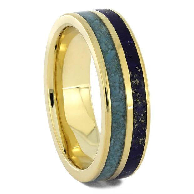 Gold wedding band with lapis lazuli and turquoise inlay
